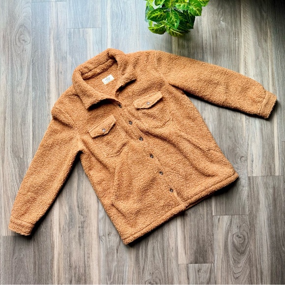 Marine Layer Eden Sherpa Overshirt Jacket Teddy Fleece Button-Up Cashew Brown M - Picture 15 of 16